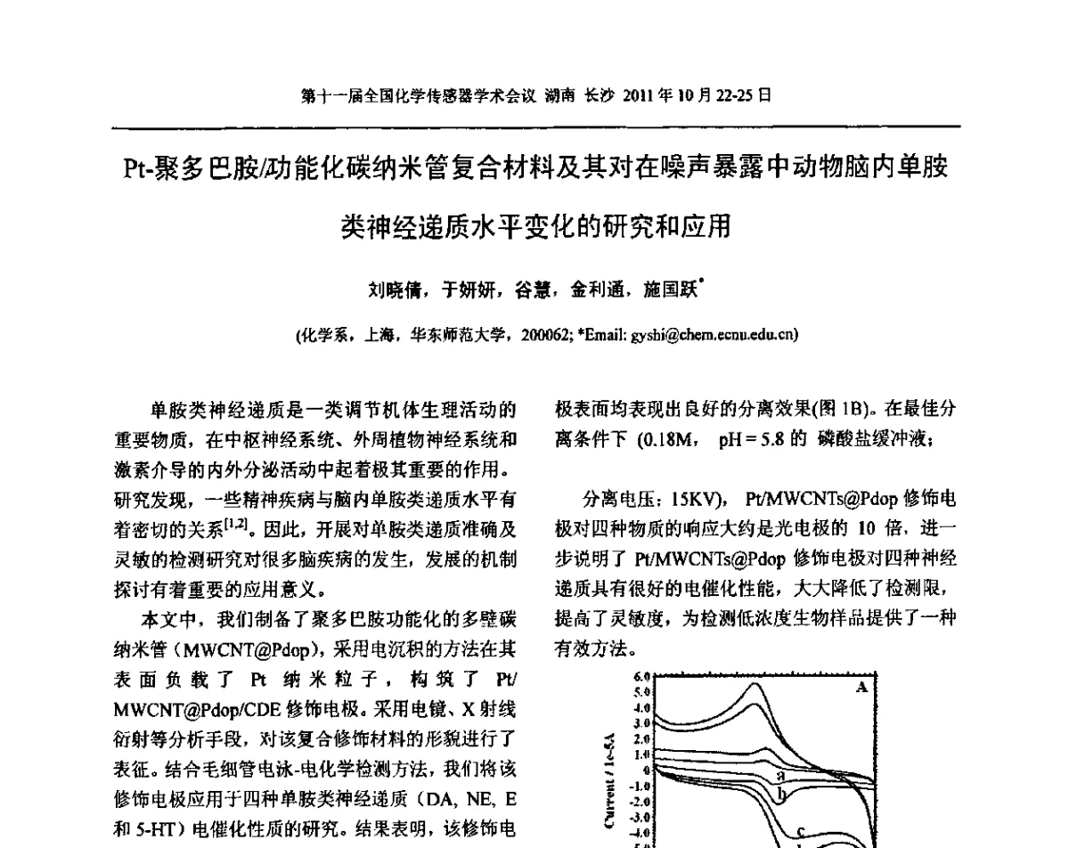 Pt-聚多巴胺_功能化碳纳米管复合材料及其对在噪声暴露中动物脑内单胺类神经递质水平变化的研究和应用 - 第十一届全国化学传感器学术会议