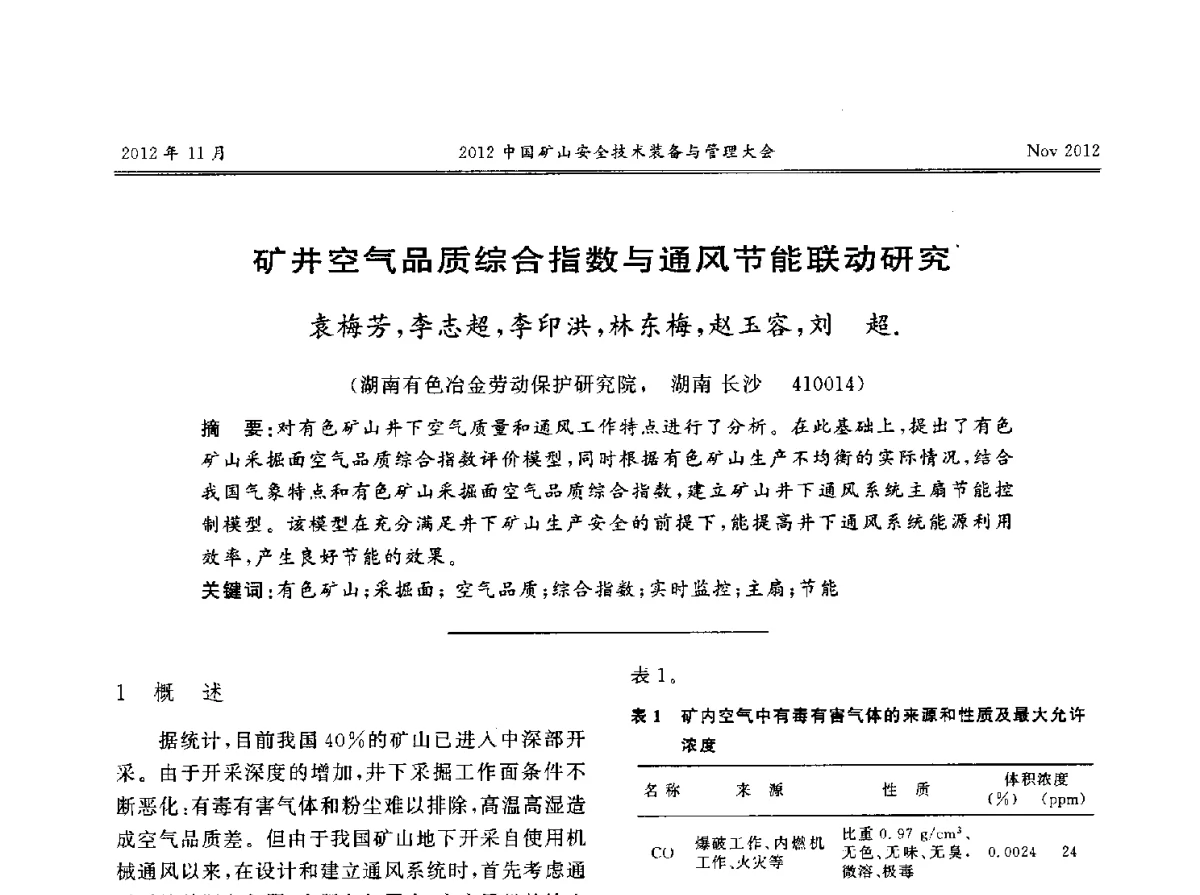 矿井空气品质综合指数与通风节能联动研究 - 2012中国矿山安全技术装备与管理大会