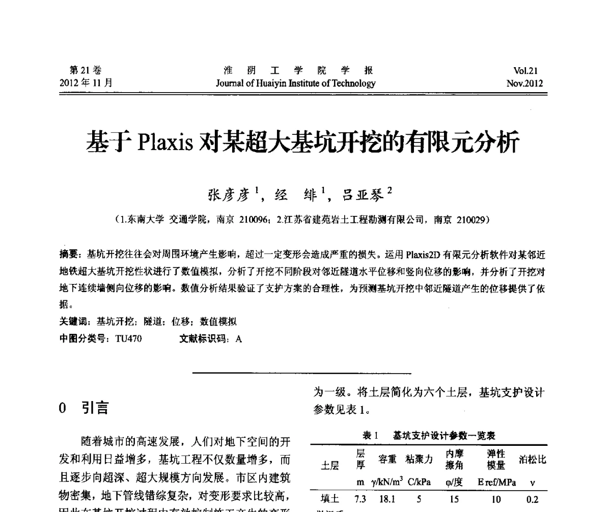 基于Plaxis对某超大基坑开挖的有限元分析 - 2012年江苏省地基基础联合学术年会