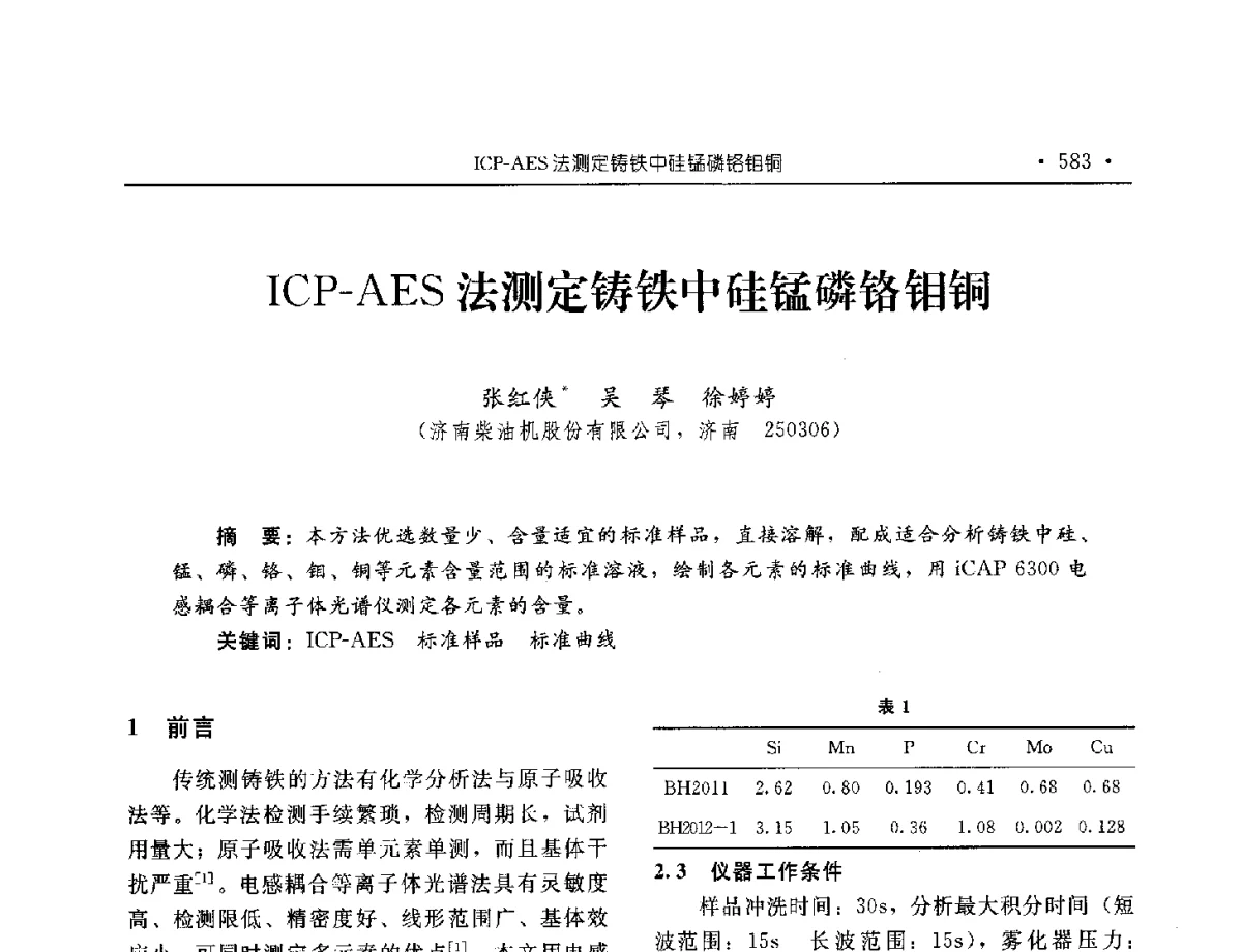 ICP-AES法测定铸铁中硅锰磷铬钼铜 - 中国内燃机学会2012年学术年会暨测试技术分会、油品与清洁燃料分会和吉林省内燃机学会联合学术年会