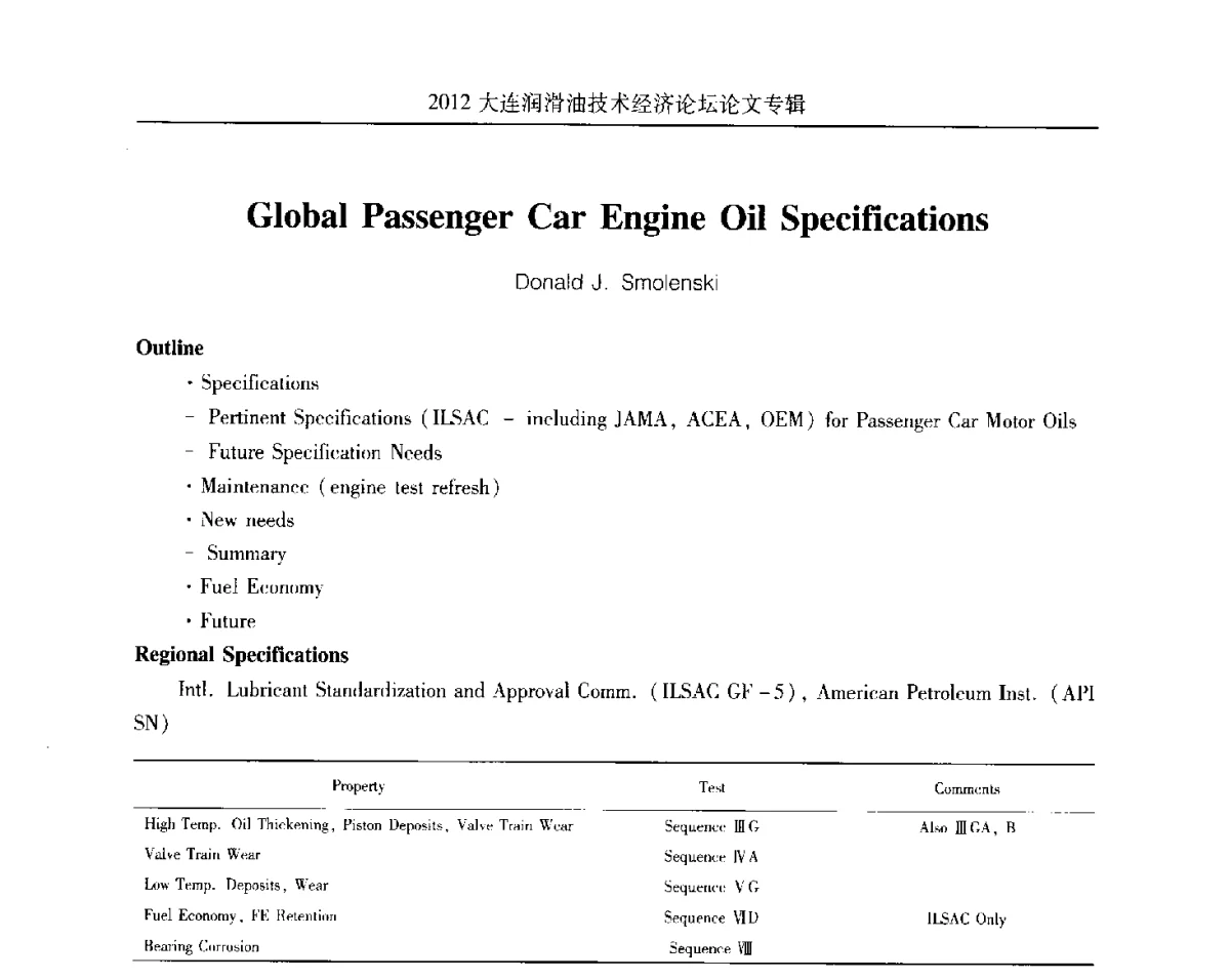 Global Passenger Car Engine Oil Specifications - 2012大连润滑油技术经济论坛