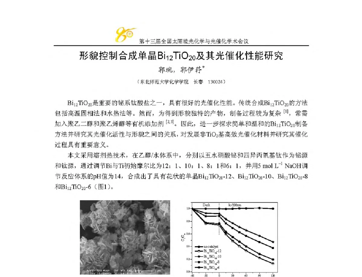 形貌控制合成单晶Bi12TiO20及其光催化性能研究 - 第十三届全国太阳能光化学与光催化学术会议