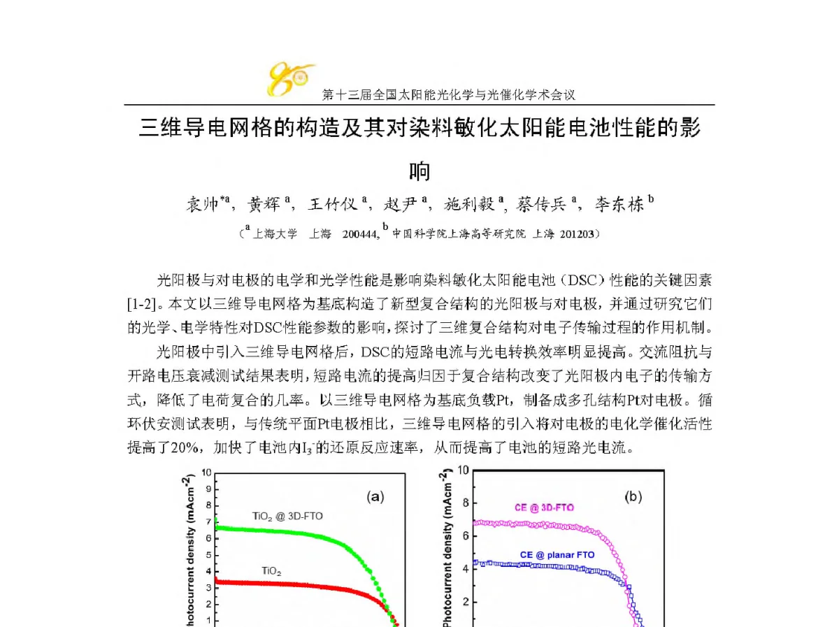三维导电网格的构造及其对染料敏化太阳能电池性能的影响 - 第十三届全国太阳能光化学与光催化学术会议