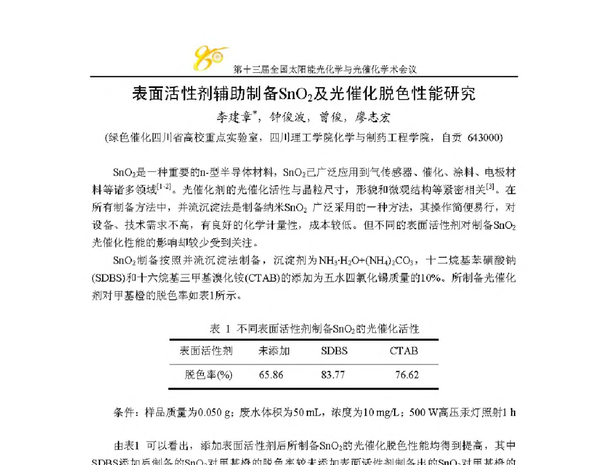 表面活性剂辅助制备SnO2及光催化脱色性能研究 - 第十三届全国太阳能光化学与光催化学术会议