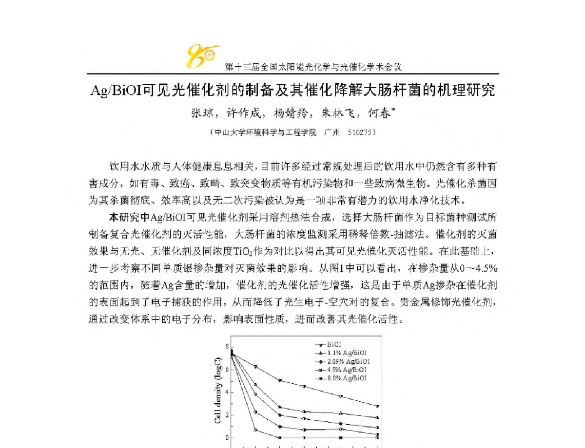 Ag_BiOI可见光催化剂的制备及其催化降解大肠杆菌的机理研究 - 第十三届全国太阳能光化学与光催化学术会议