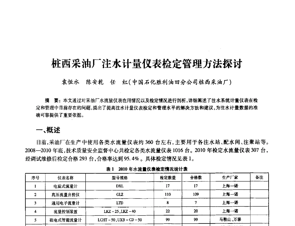 桩西采油厂注水计量仪表检定管理方法探讨 - 2012年中国油气计量技术论坛
