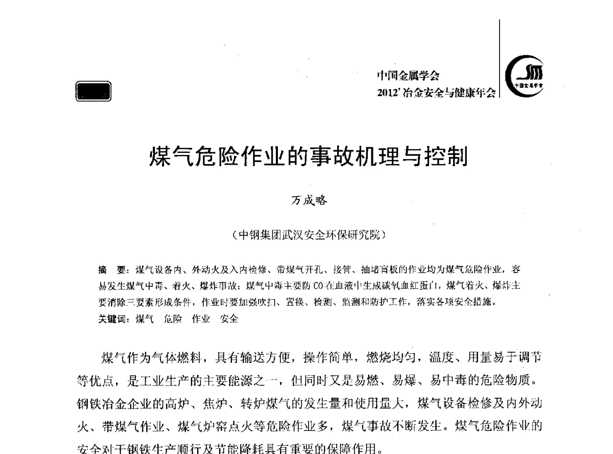 煤气危险作业的事故机理与控制 - 2012’中国金属学会冶金安全与健康年会