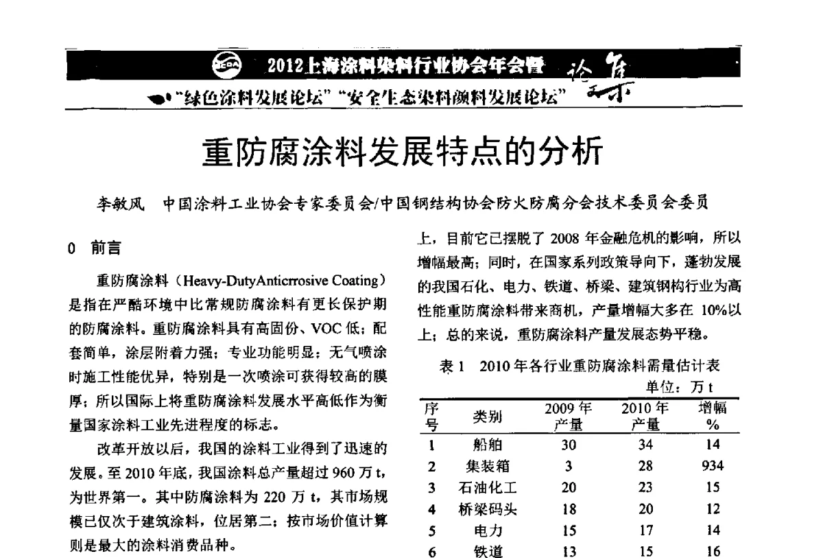 重防腐涂料发展特点的分析 - 2012上海涂料染料行业协会年会暨绿色涂料发展论坛、安全生态染料颜料发展论坛