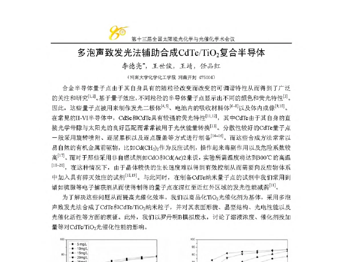 多泡声致发光法辅助合成CdTe_TiO2复合半导体 - 第十三届全国太阳能光化学与光催化学术会议