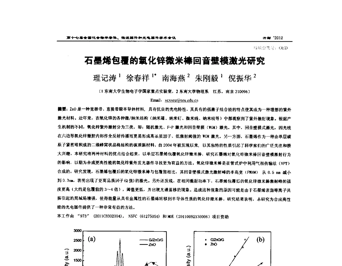 石墨烯包覆的氧化锌微米棒回音壁模激光研究 - 第十七届全国化合物半导体材料微波器件和光电器件学术会议