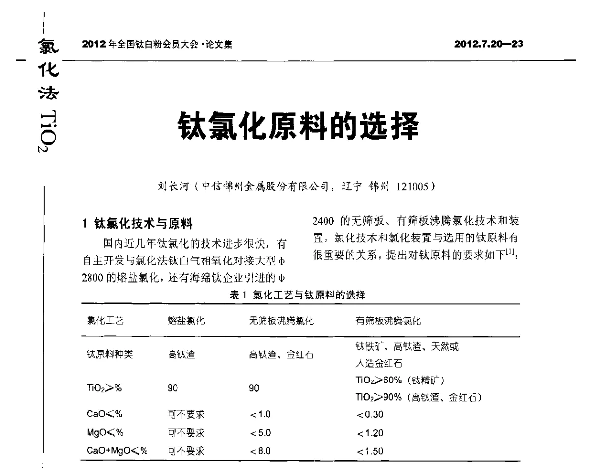 钛氯化原料的选择 - 2012年国家化工行业生产力促进中心钛白分中心会员大会