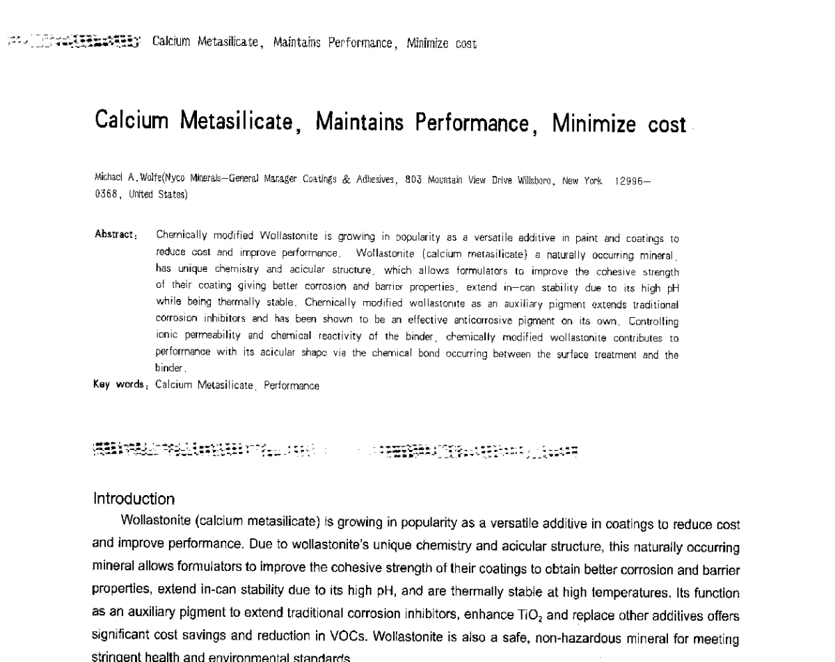 Calcium Metasilicate. Maintains Performance. Minimize cost - 2012防腐蚀涂料年会暨NACE上海年会涂料分会