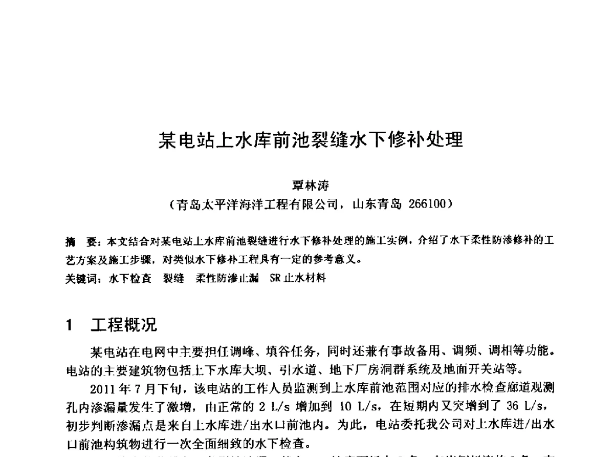 某电站上水库前池裂缝水下修补处理 - 中国水利学会水工专业委员会第十届年会