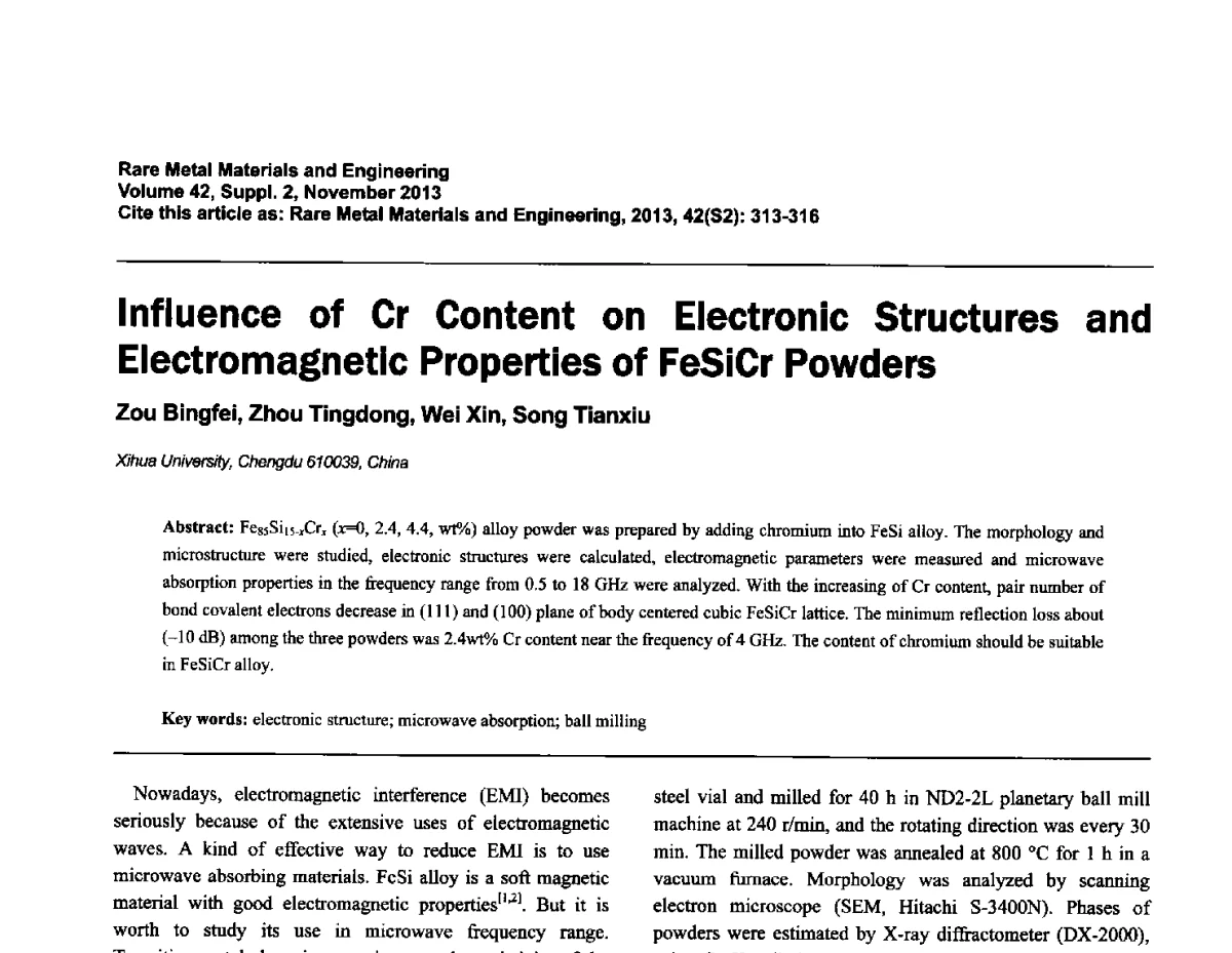 Cr含量对FeSiCr微粉的电子结构及电磁性能的影响 - 第四届高能束加工技术国际学术会议