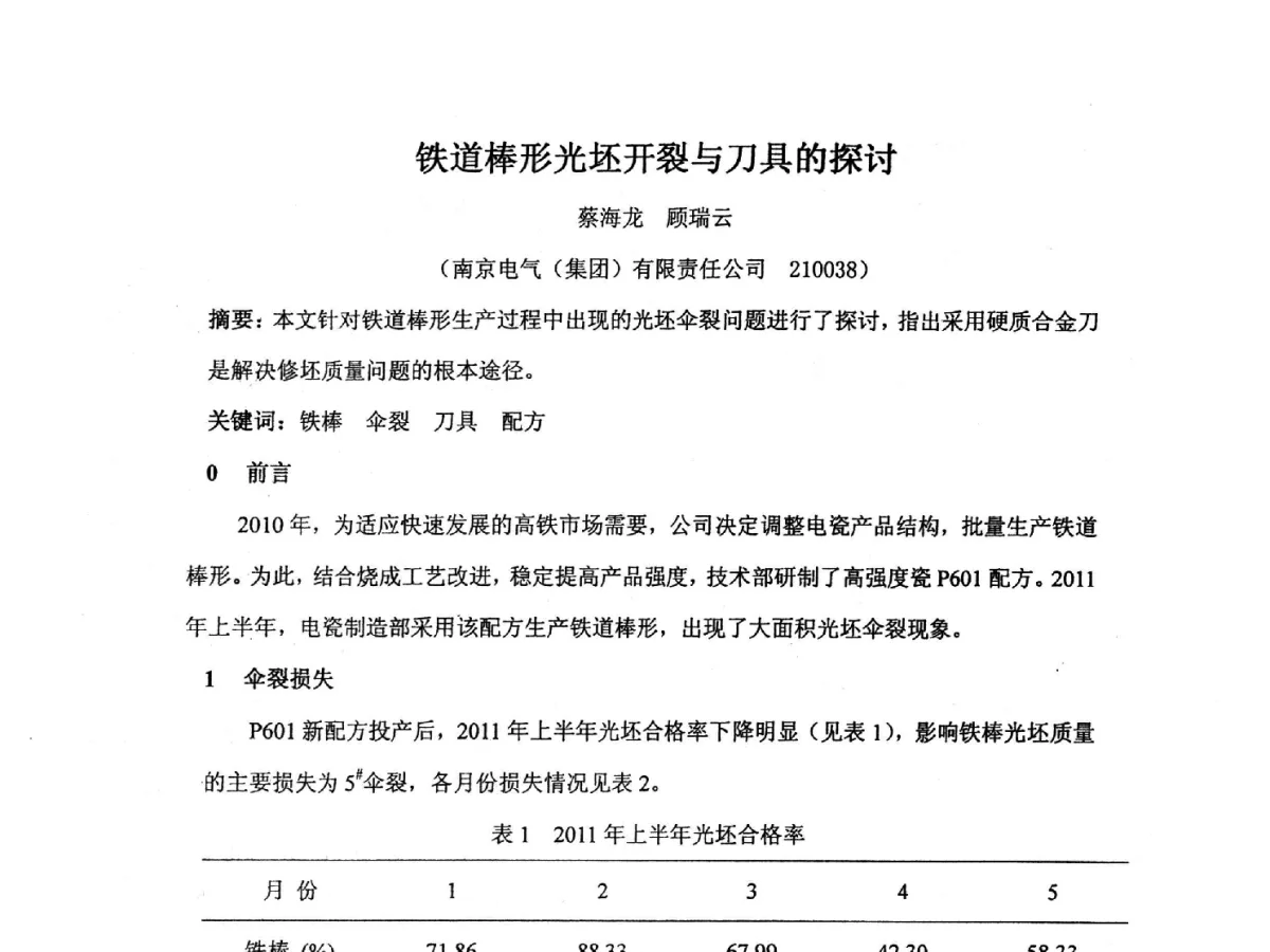 铁道棒形光坯开裂与刀具的探讨 - 2012江苏新材料青年学术论坛