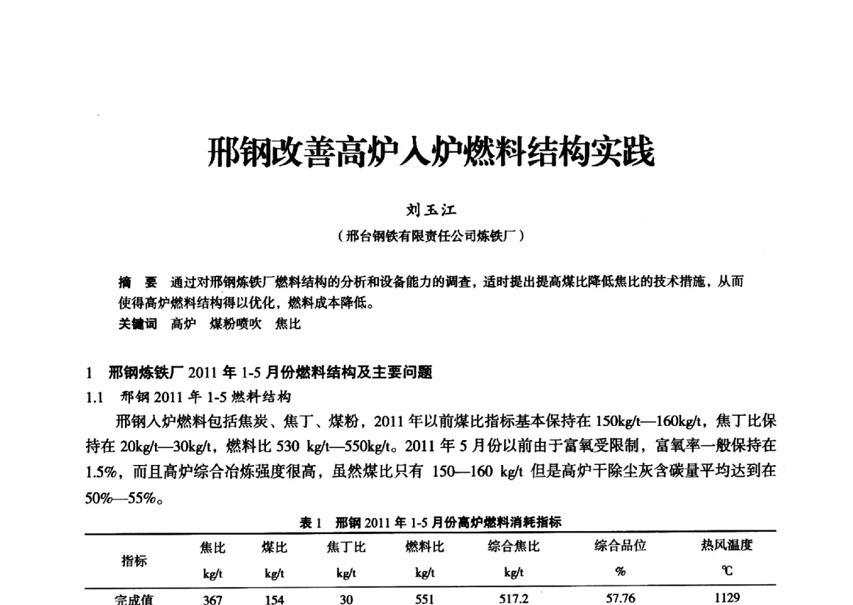 邢钢改善高炉入炉燃料结构实践 - 2012年全国中小高炉炼铁学术年会