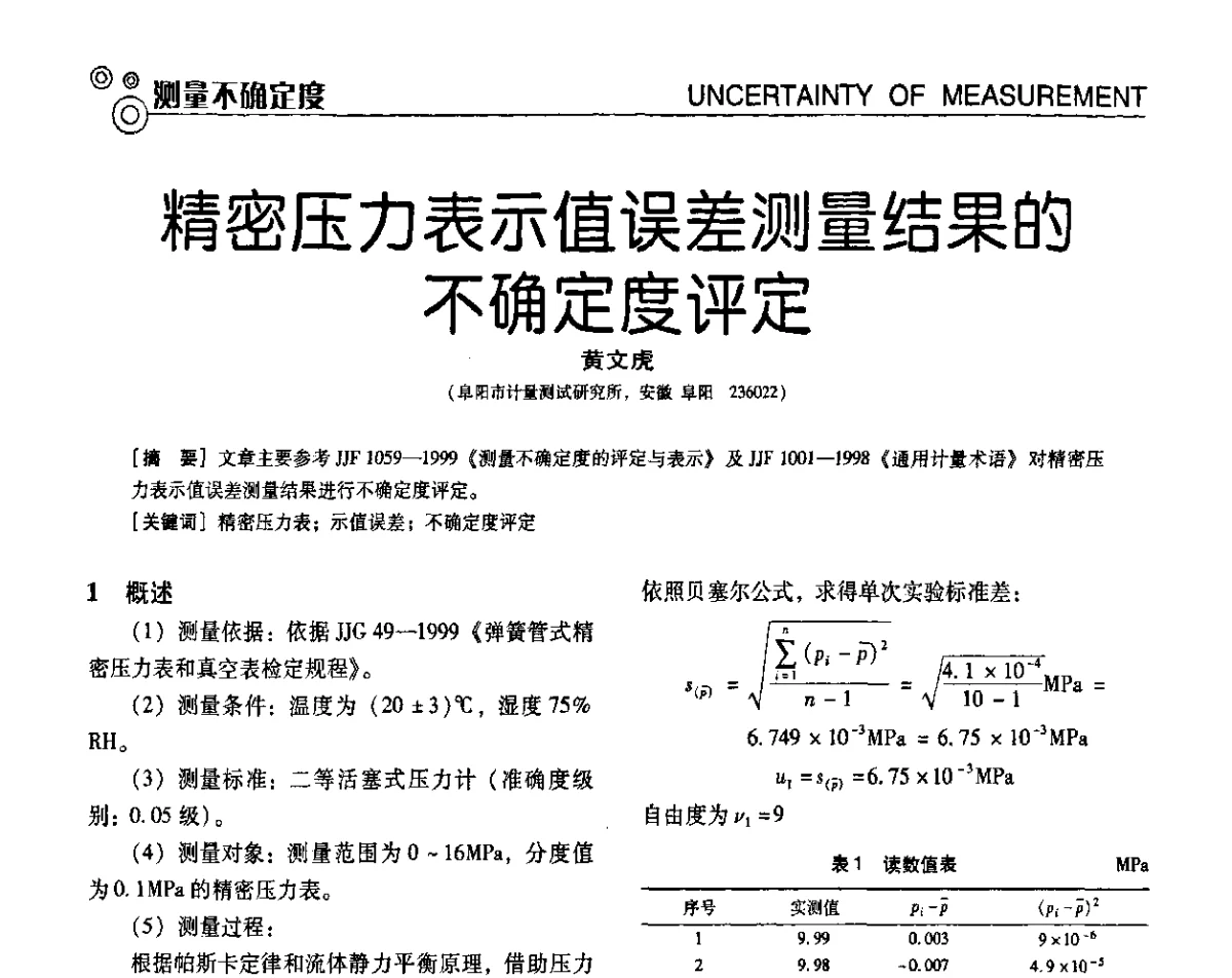 精密压力表示值误差测量结果的不确定度评定 - 第七届全国工业计量与控制技术交流会