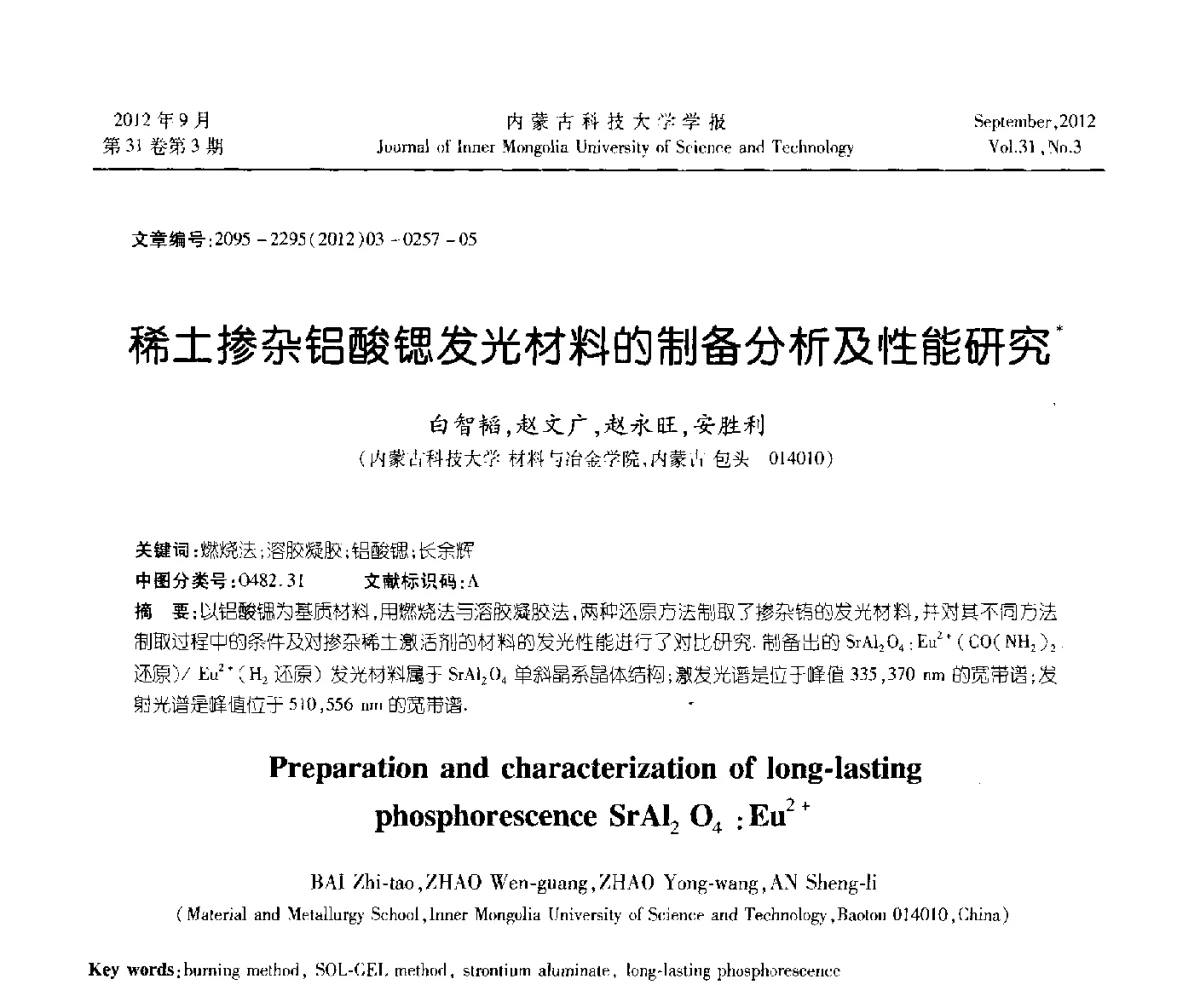 稀土掺杂铝酸锶发光材料的制备分析及性能研究 - 第十一届全国冶金工艺与理论学术会议