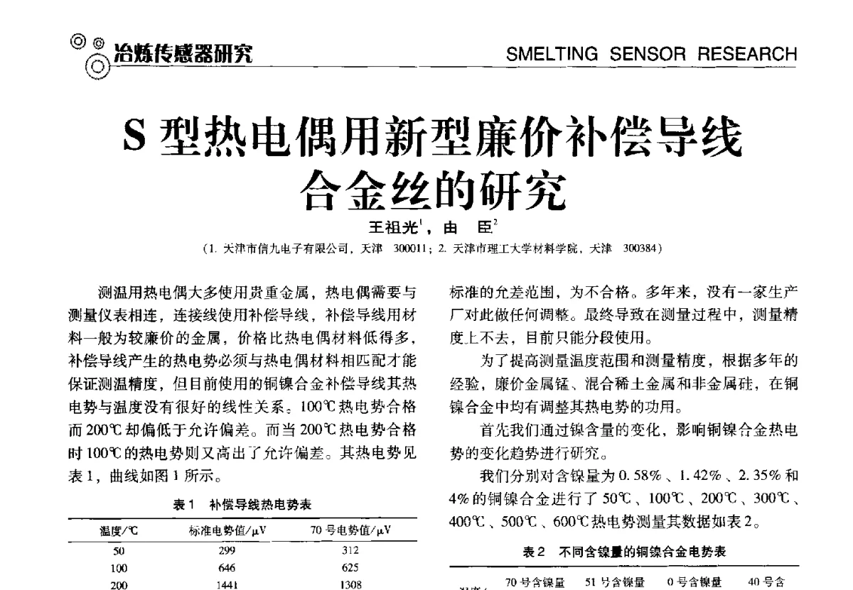 S型热电偶用新型廉价补偿导线合金丝的研究 - 中国计量协会冶金分会冶炼传感器专业委员会2012年会员代表大会及技术交流会