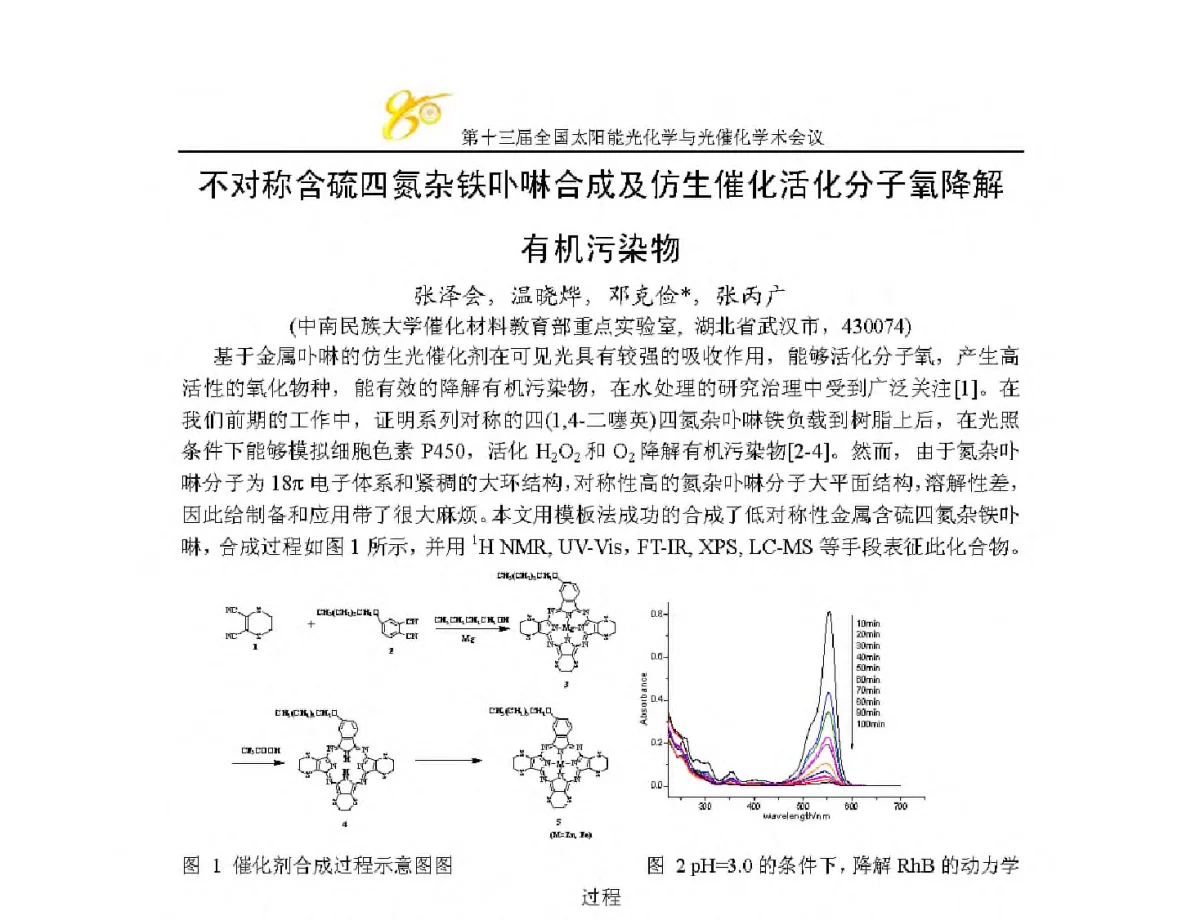 不对称含硫四氮杂铁卟啉合成及仿生催化活化分子氧降解有机污染物 - 第十三届全国太阳能光化学与光催化学术会议
