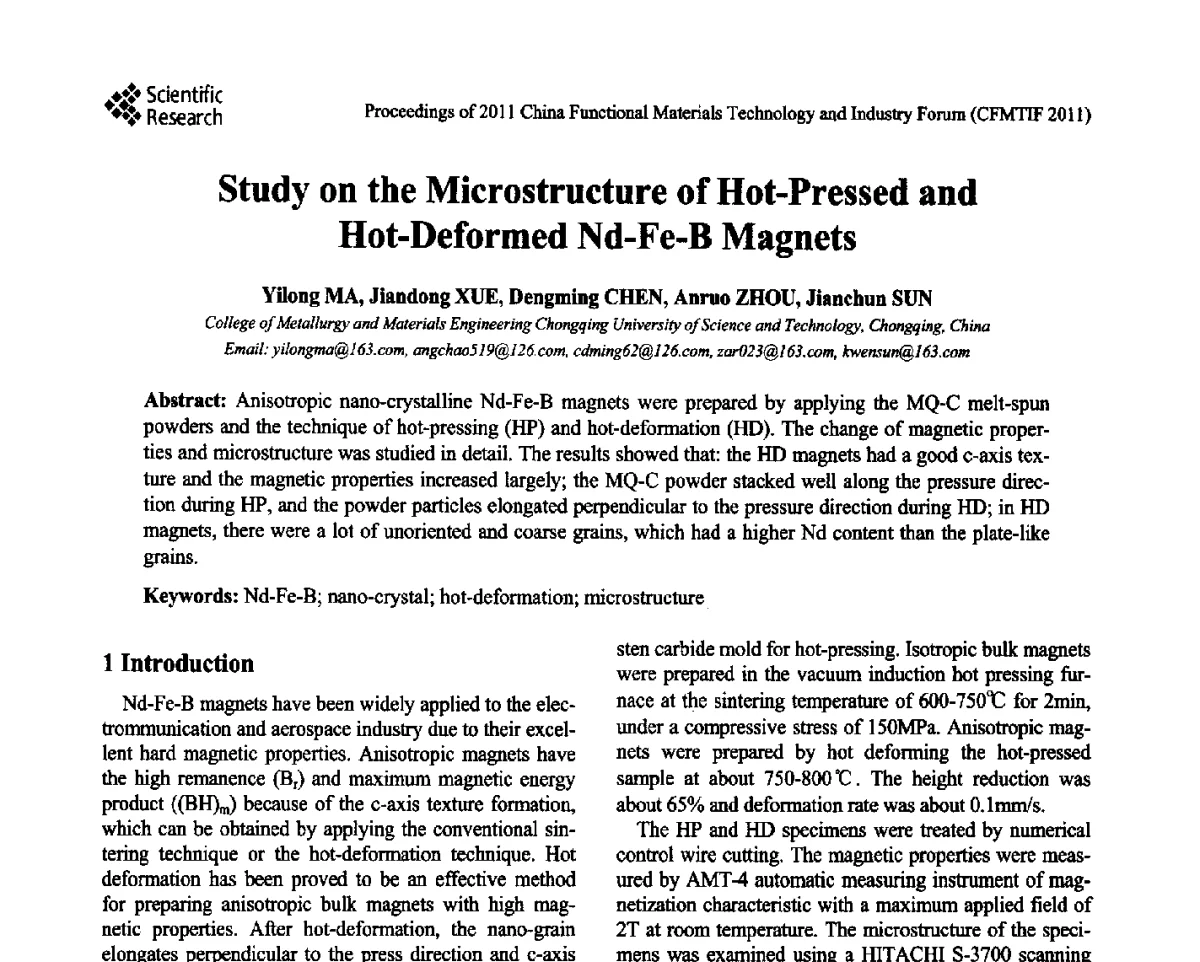 Study on the Microstructure of Hot-Pressed and Hot-Deformed Nd-Fe-B Magnets - 2011中国功能材料科技与产业高层论坛