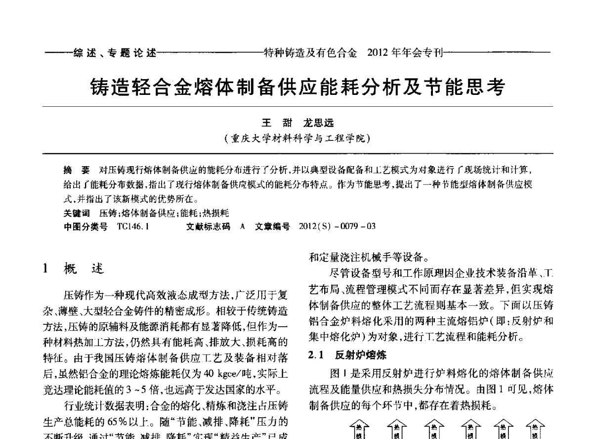 铸造轻合金熔体制备供应能耗分析及节能思考 - 2012年中国压铸、挤压铸造、半固态加工学术年会