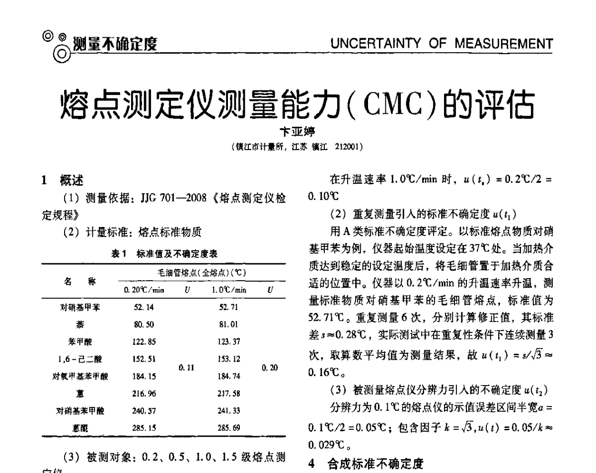 熔点测定仪测量能力(CMC)的评估 - 第七届全国工业计量与控制技术交流会