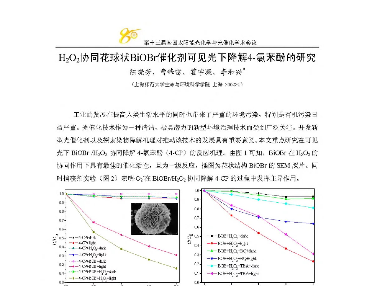 H2O2协同花球状BiOBr催化剂可见光下降解4-氯苯酚的研究 - 第十三届全国太阳能光化学与光催化学术会议