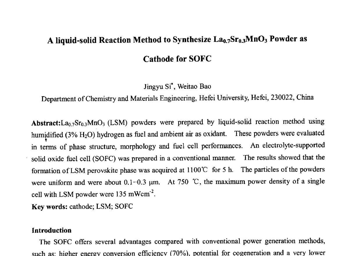 A liquid-solid Reaction Method to Synthesize La0.7Sr0.3MnO3 Powder as Cathode for SOFC - 2012中国国际粉体技术与应用论坛暨全国粉体技术产品商贸交流会