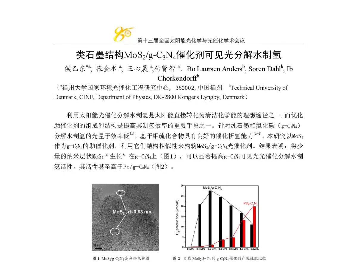 类石墨结构MoS2_g-C3N4催化剂可见光分解水制氢 - 第十三届全国太阳能光化学与光催化学术会议