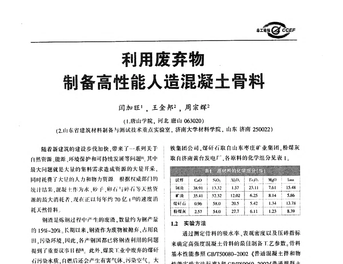 利用废弃物制备高性能人造混凝土骨料 - 第五届中国水泥企业总工程师论坛暨2012年全国水泥企业总工程师联合会年会