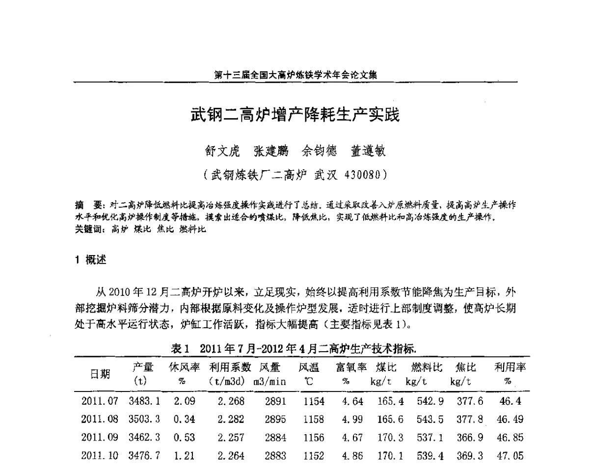 武钢二高炉增产降耗生产实践 - 第13届全国大高炉炼铁学术年会