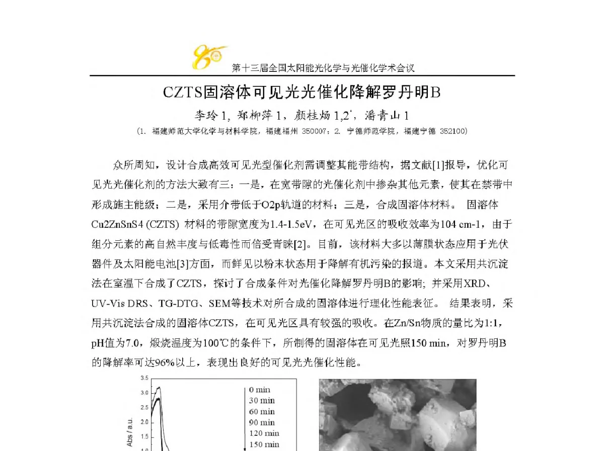 CZTS固溶体可见光光催化降解罗丹明B - 第十三届全国太阳能光化学与光催化学术会议