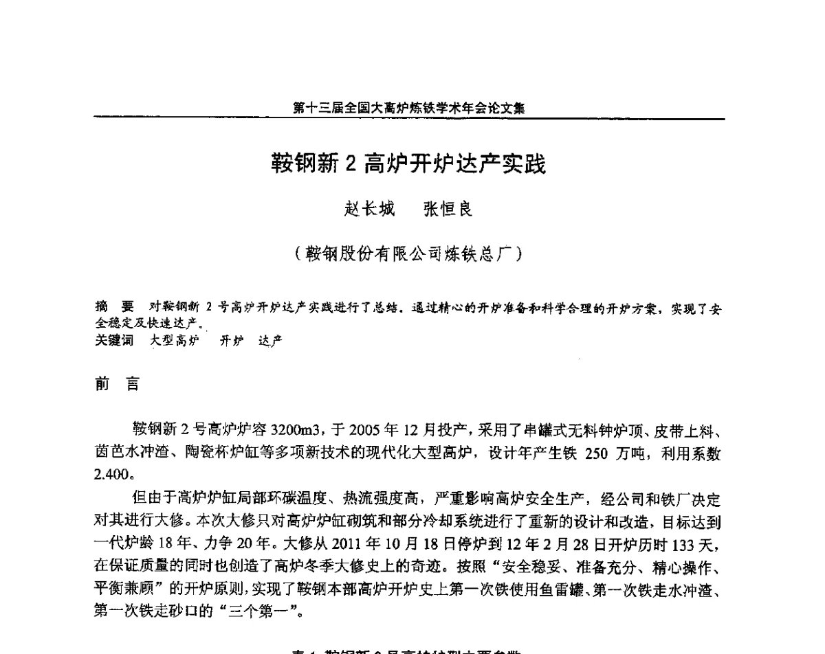 鞍钢新2高炉开炉达产实践 - 第13届全国大高炉炼铁学术年会