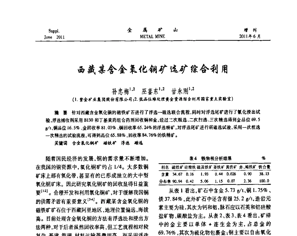 西藏某含金氧化铜矿选矿综合利用 - 2011中国矿业科技大会