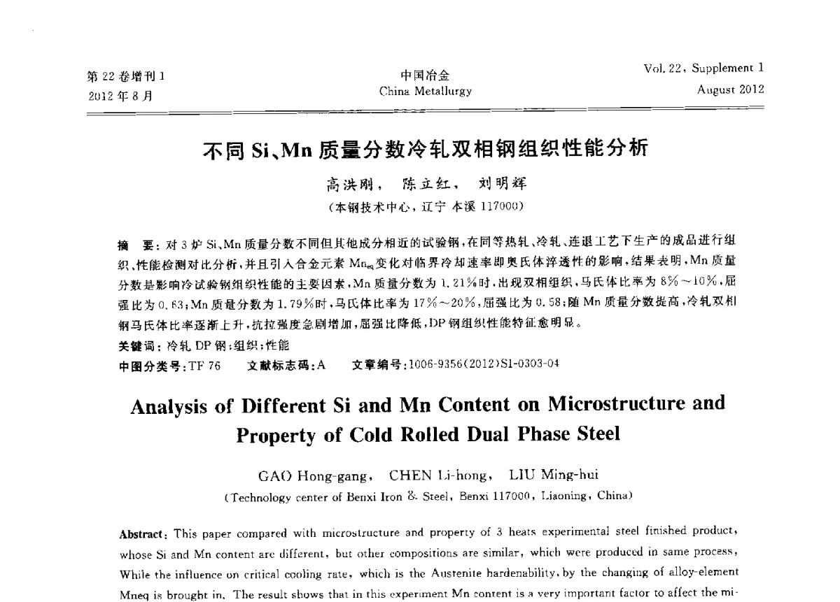 不同Si、Mn质量分数冷轧双相钢组织性能分析 - 第六届中国金属学会青年学术年会