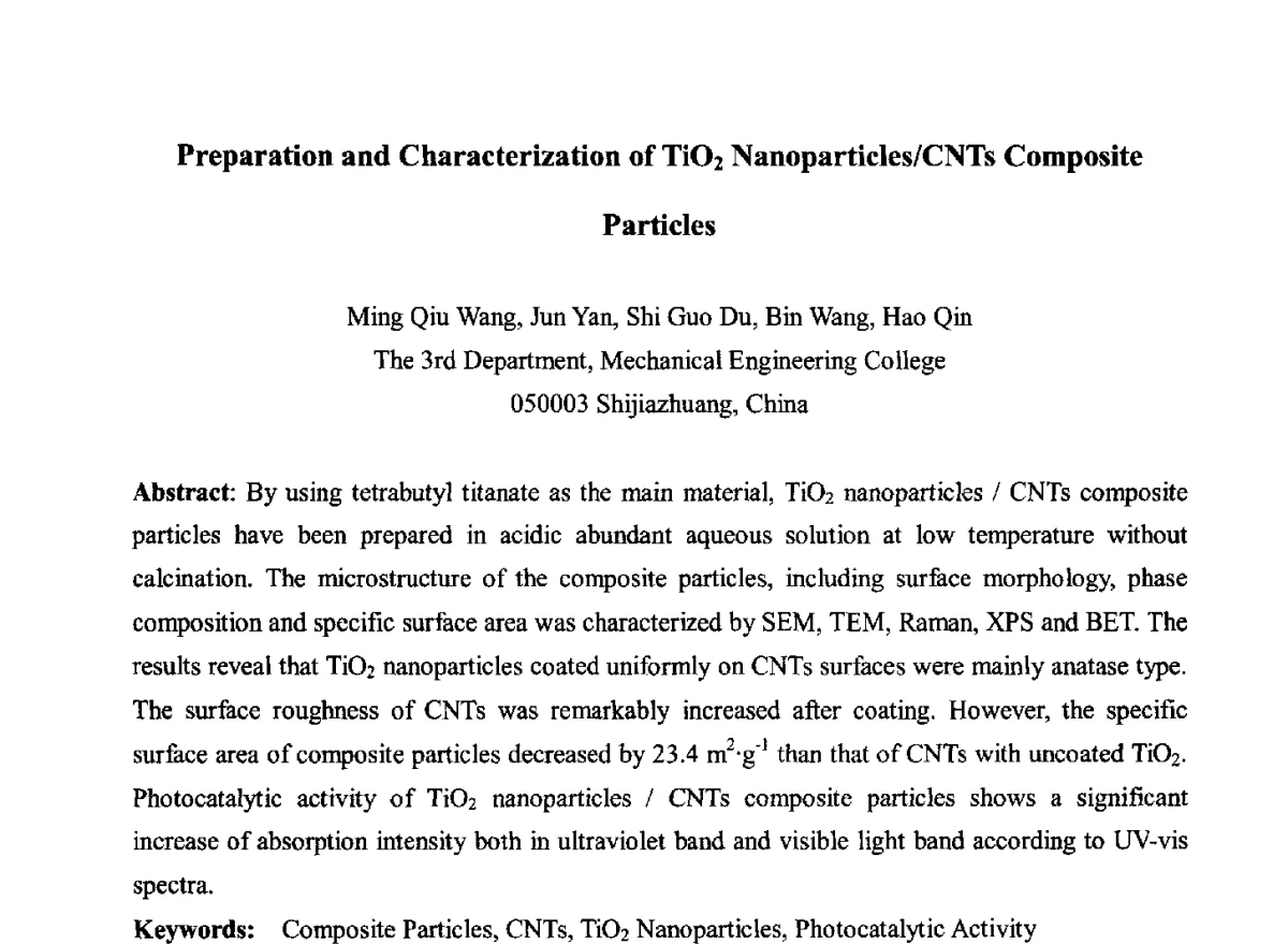 Preparation and Characterization of TiO2 Nanoparticles_CNTs Composite Particles - 2012中国国际粉体技术与应用论坛暨全国粉体技术产品商贸交流会