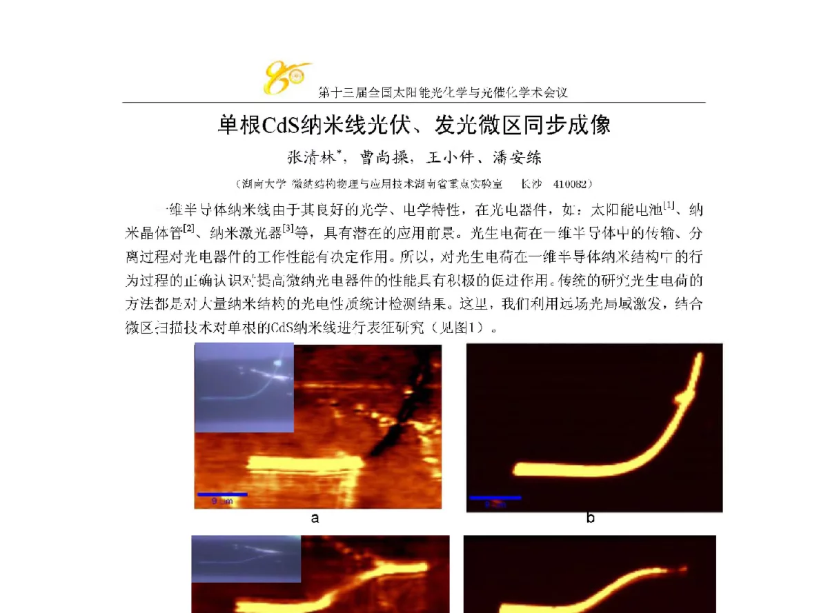 单根CdS纳米线光伏、发光微区同步成像 - 第十三届全国太阳能光化学与光催化学术会议