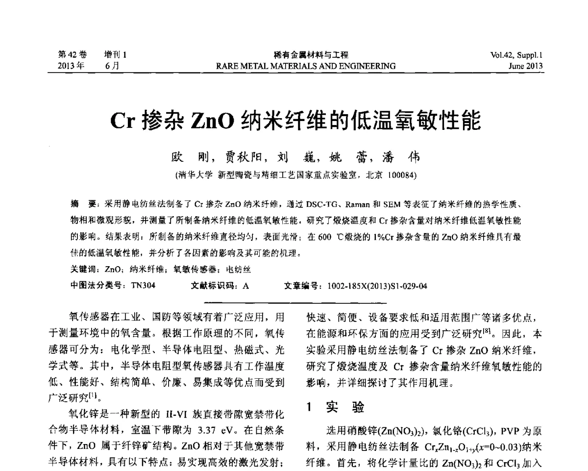 Cr掺杂ZnO纳米纤维的低温氧敏性能 - 第十七届全国高技术陶瓷学术年会