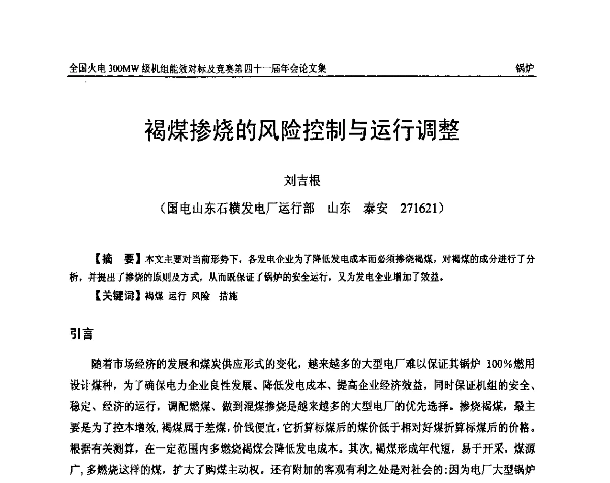 褐煤掺烧的风险控制与运行调整 - 全国火电300MW级机组能效对标及竞赛第四十一届年会