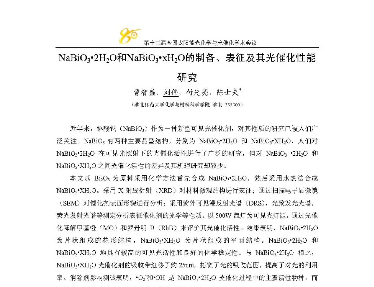 NaBiO32H2O和NaBiO3xH2O的制备、表征及其光催化性能研究 - 第十三届全国太阳能光化学与光催化学术会议