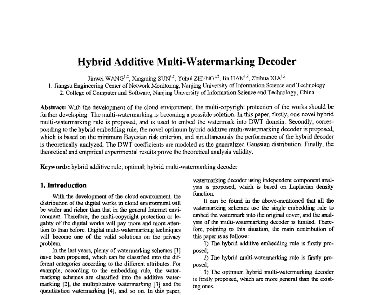 Hybrid Additive Multi-Watermarking Decoder - 第十届全国信息隐藏暨多媒体信息安全学术大会CIHW2012