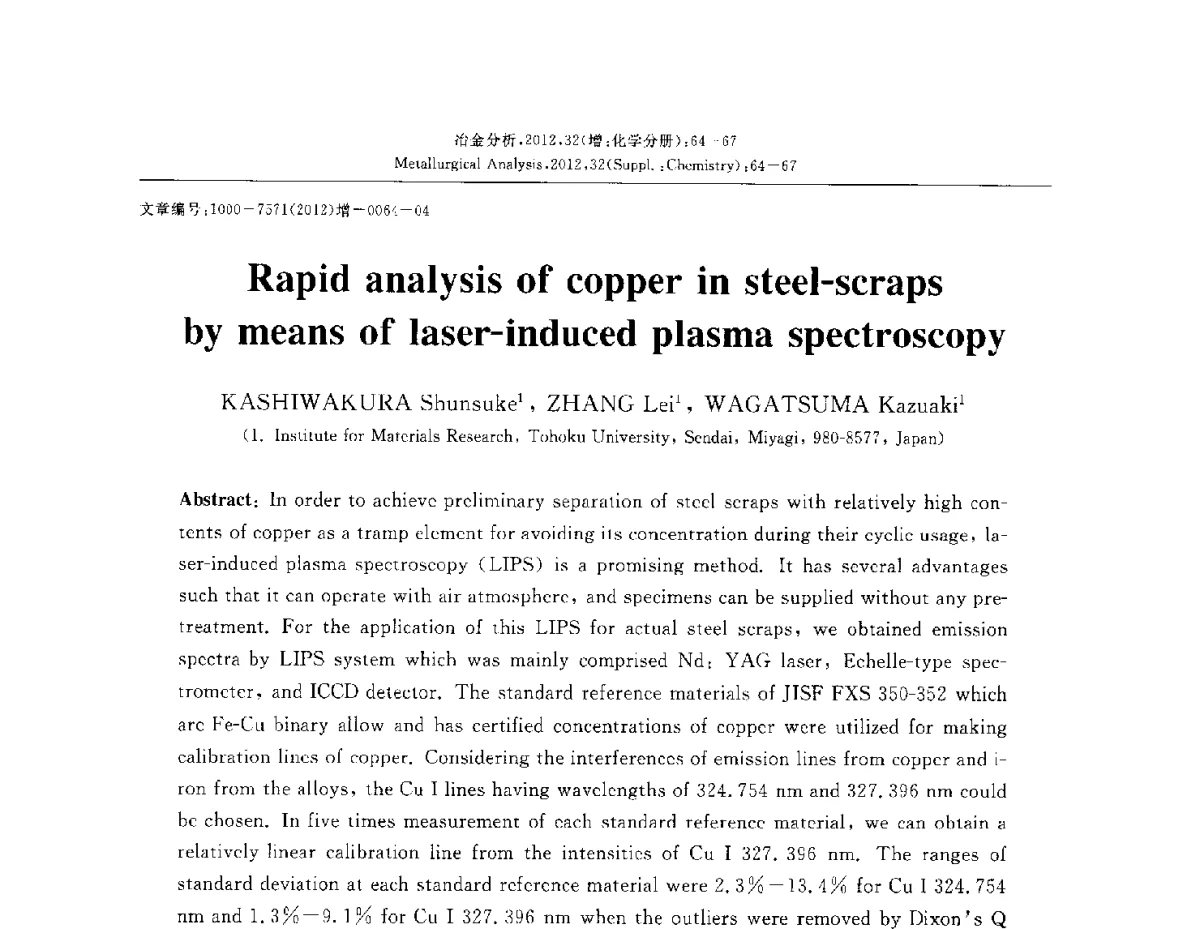 激光诱导等离子体光谱法快速分析废钢屑中铜元素 - 2012国际冶金及材料分析测试学术报告会(CCATM2012)