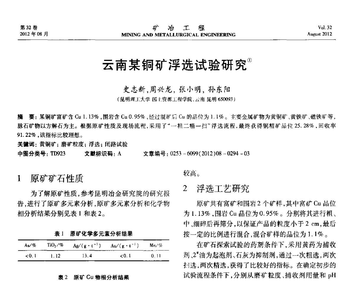 云南某铜矿浮选试验研究 - 第六届全国选矿专业学术年会