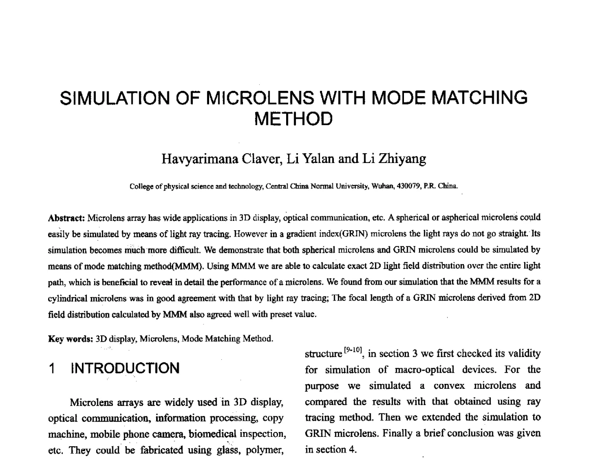 SIMULATION OF MICROLENS WITH MODE MATCHING METHOD - 第十六届全国图象图形学学术会议 暨第六届立体图象技术学术研讨会