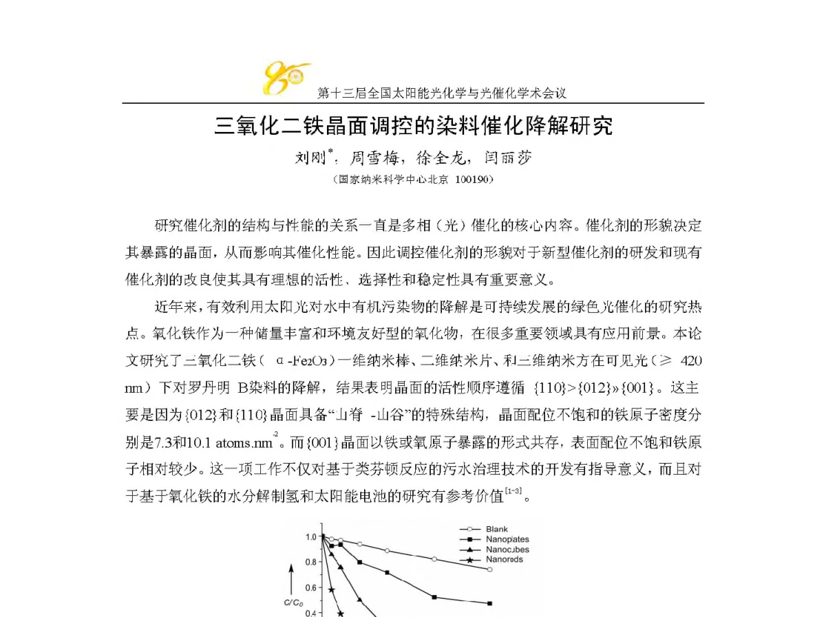 三氧化二铁晶面调控的染料催化降解研究 - 第十三届全国太阳能光化学与光催化学术会议