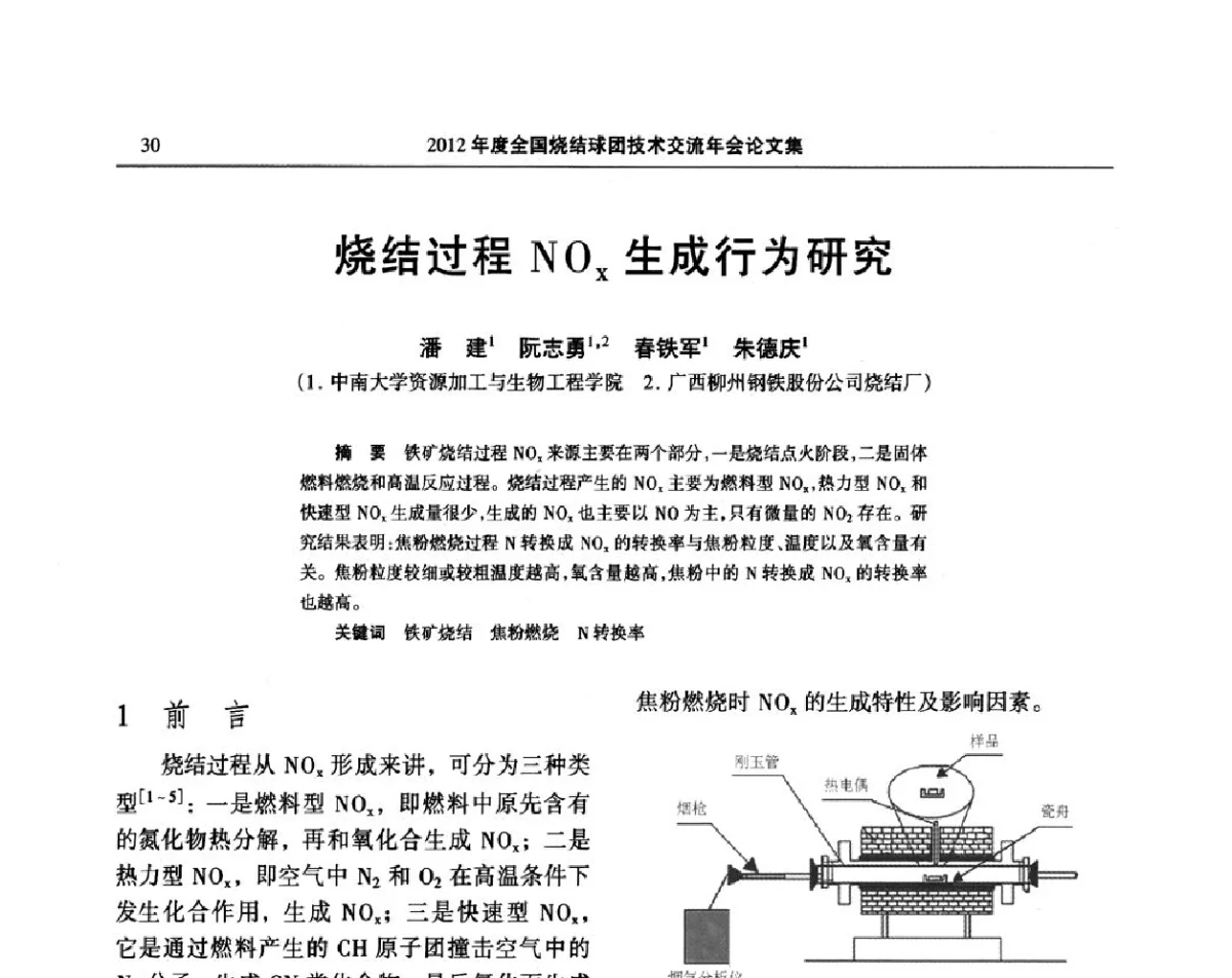 烧结过程NOx生成行为研究 - 2012年度全国烧结球团技术交流年会