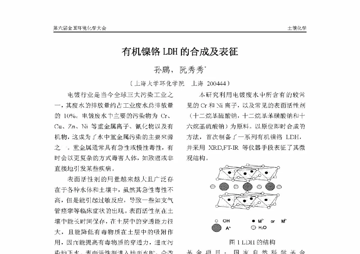 有机镍铬LDH的合成及表征 - 第六届全国环境化学学术大会