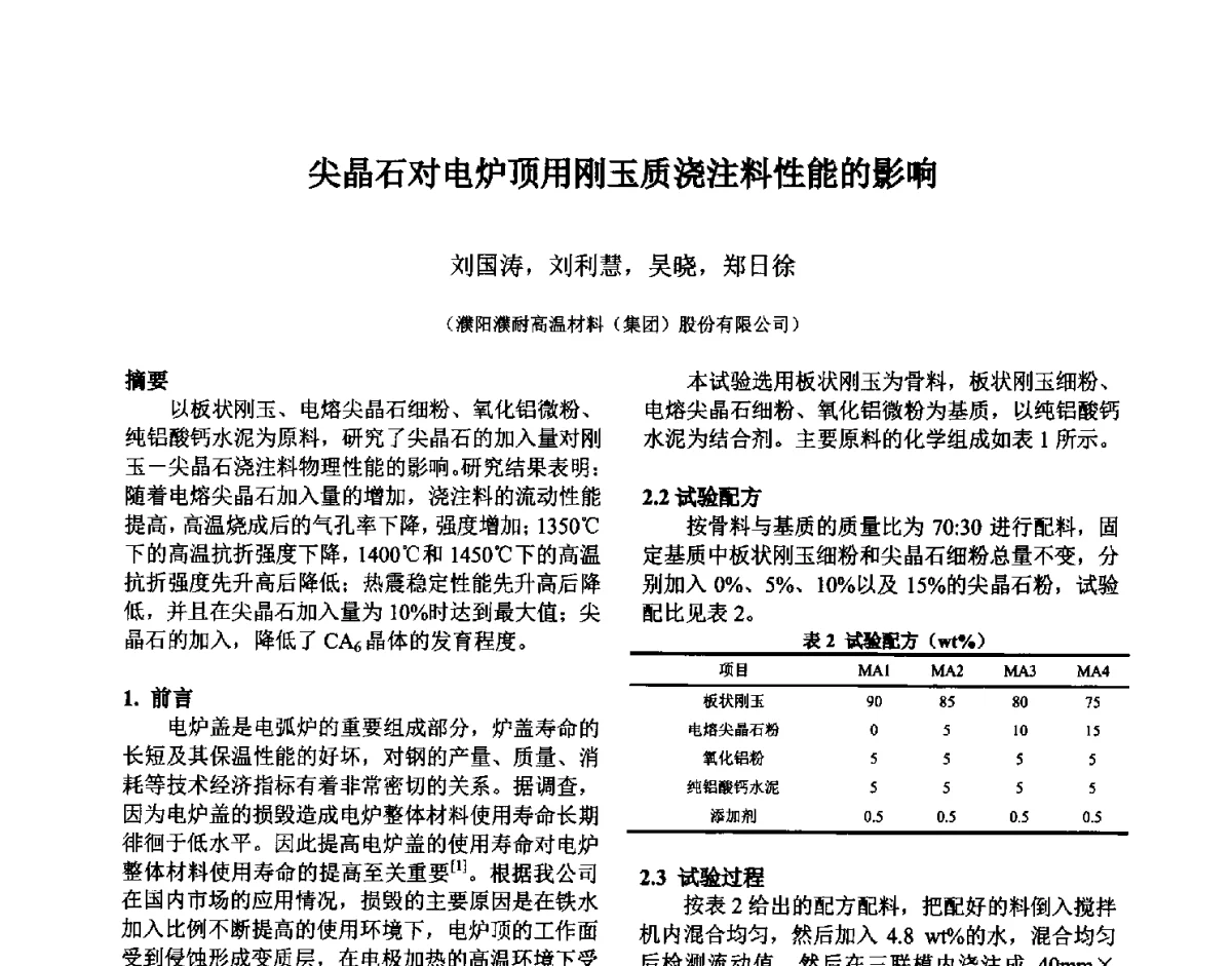 尖晶石对电炉顶用刚玉质浇注料性能的影响 - 第六届国际耐火材料会议