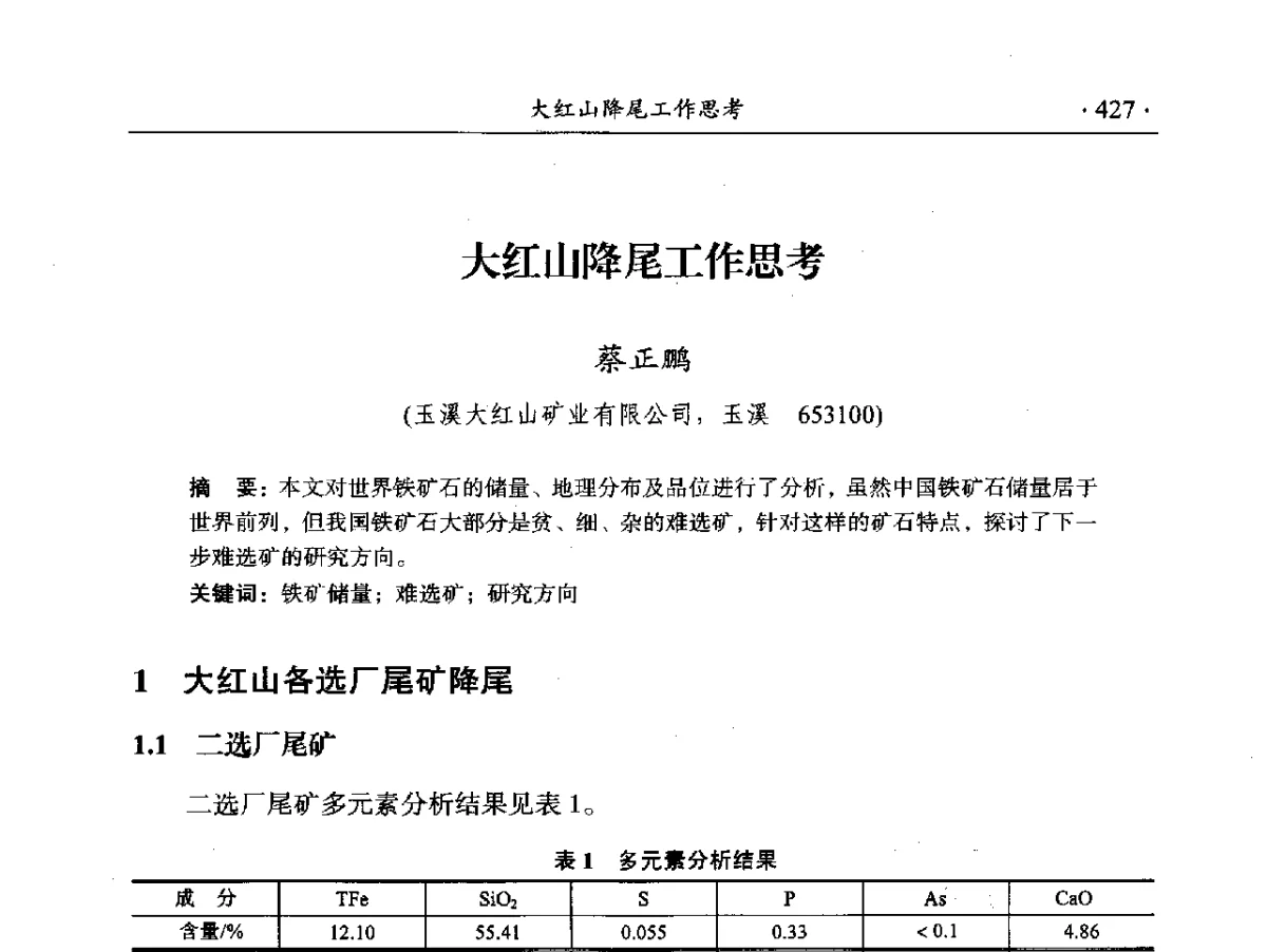 大红山降尾工作思考 - 2012年全国选矿前沿技术大会